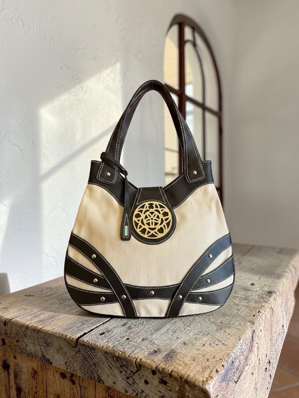 TOUS Beige & Brown Shoulder Tote Bag Silver Medallion Multiple Compartments